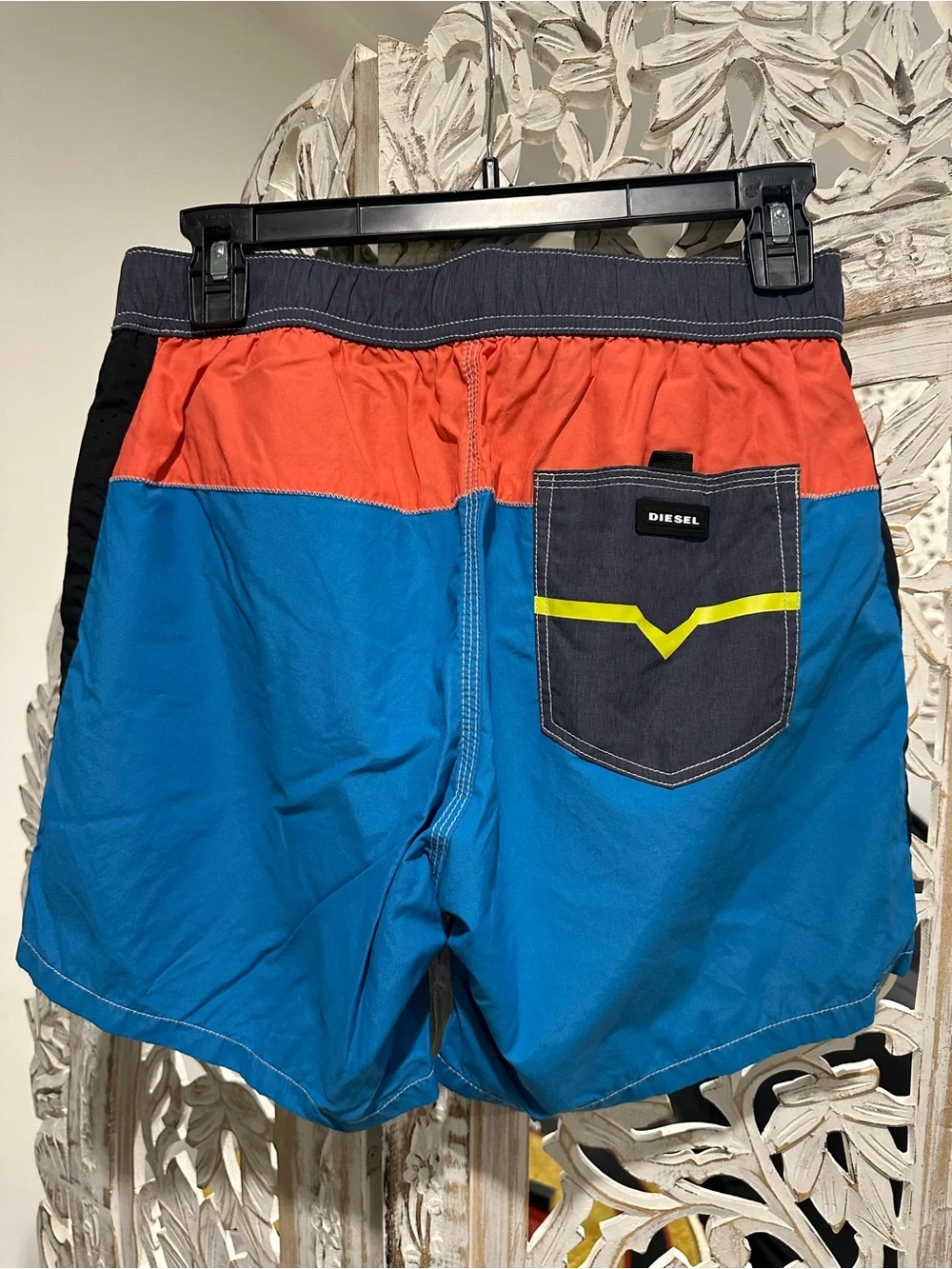 Diesel Colorblock Swim Shorts in Blue, Coral, Navy with Yellow Drawstring